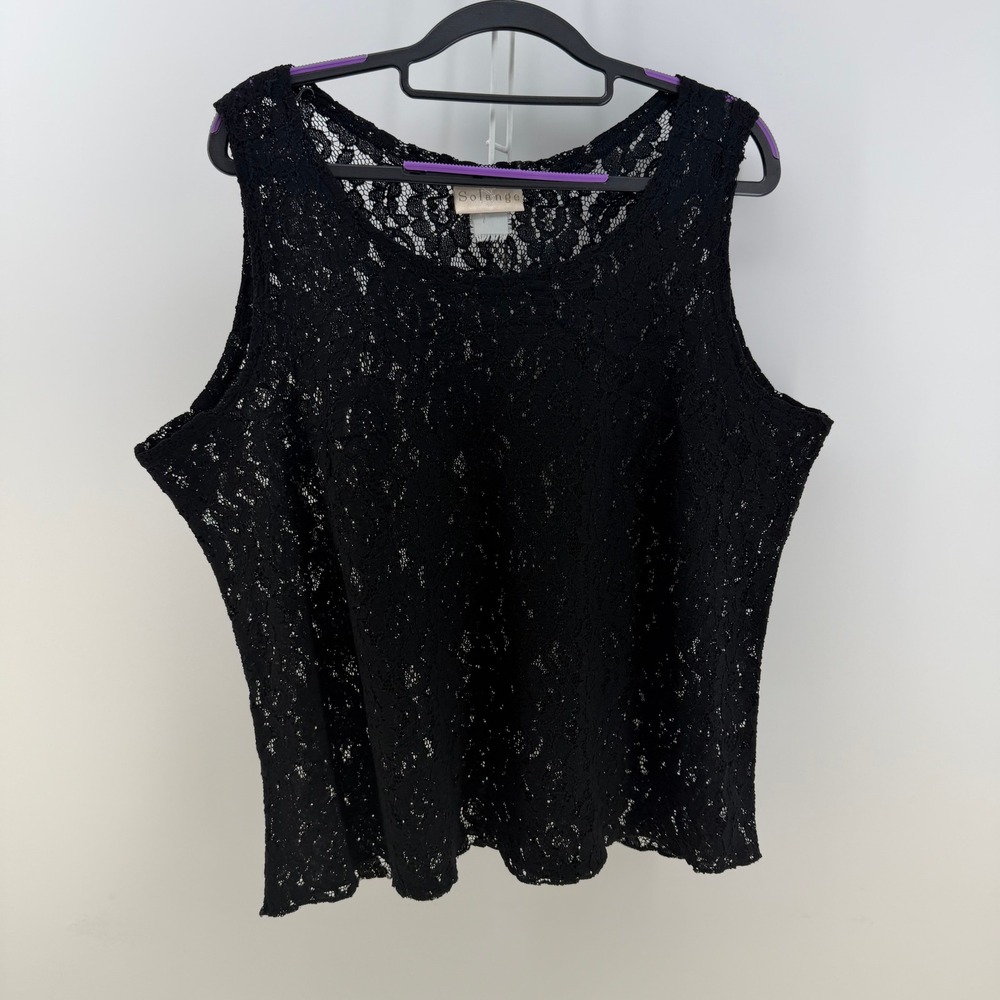 Vintage Solange Lace Tank Top Womens XL Black Floral Sheer Scoop Neck Goth Party